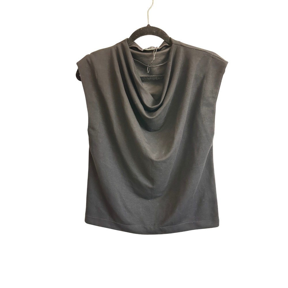 Zara Black Cowl Neck Padded Shoulder Sleeveless Workwear Top Blouse Small